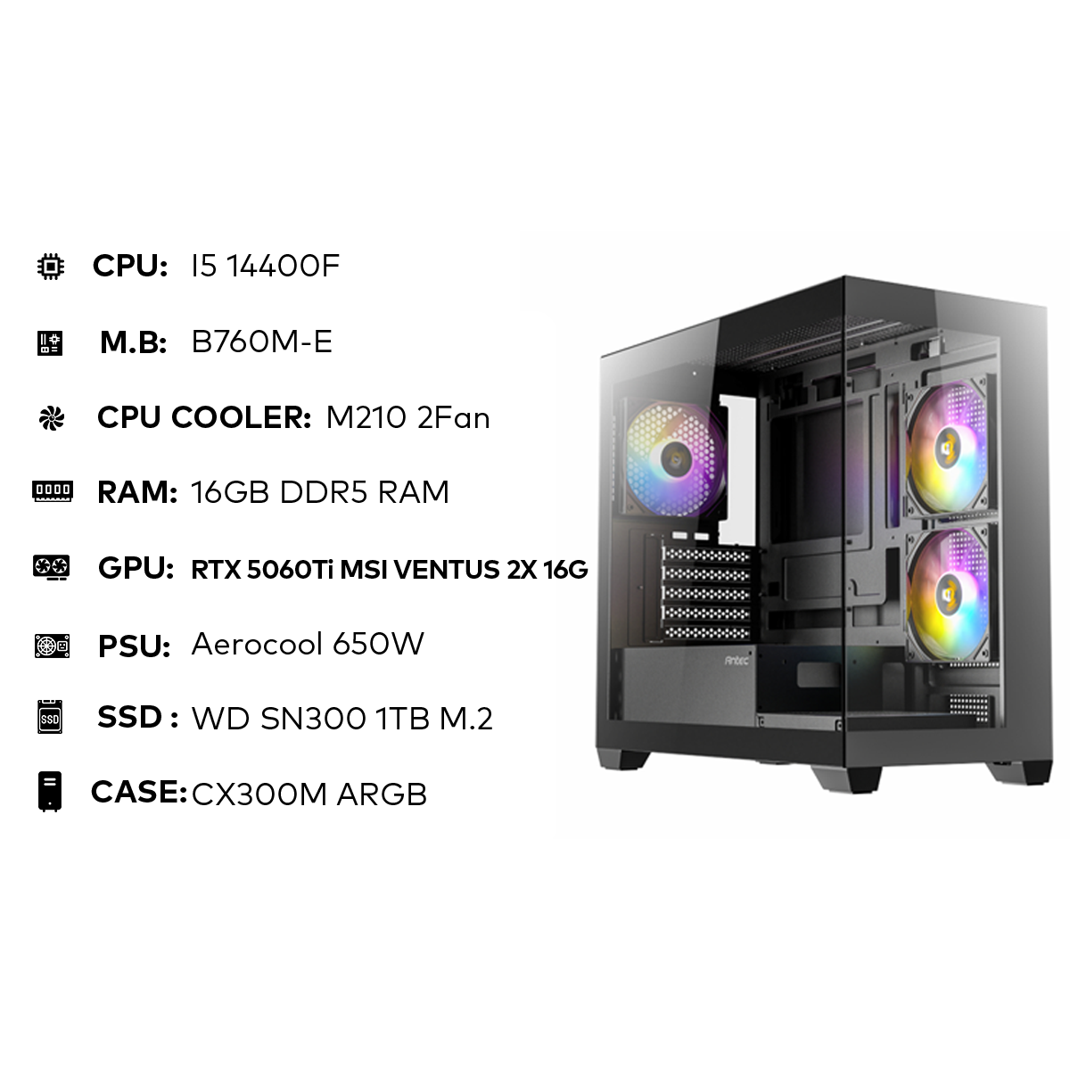 تجميعة مقترحة i5 14400F Gaming PC | 16GB DDR5 | RTX 5060Ti 16GB | 1TB SSD | 650W تجميعة مقترحة i5 14400F Gaming PC | 16GB DDR5 | RTX 5060Ti 16GB | 1TB SSD | 650W